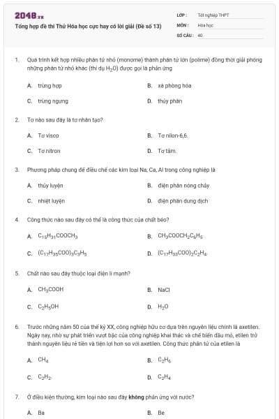 Tổng hợp đề thi Thử Hóa học cực hay có lời giải (Đề số 13)