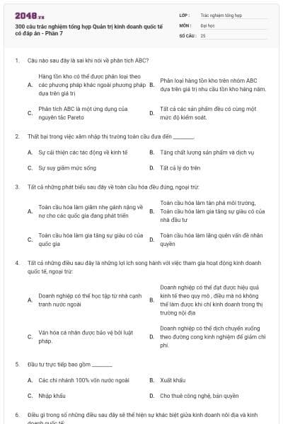 300 câu trắc nghiệm tổng hợp Quản trị kinh doanh quốc tế có đáp án - Phần 7