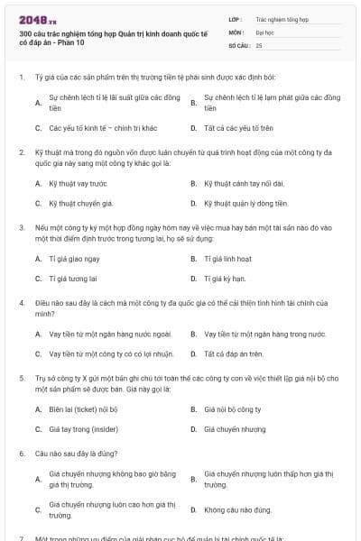 300 câu trắc nghiệm tổng hợp Quản trị kinh doanh quốc tế có đáp án - Phần 10