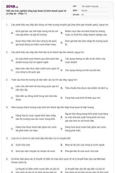 300 câu trắc nghiệm tổng hợp Quản trị kinh doanh quốc tế có đáp án - Phần 11