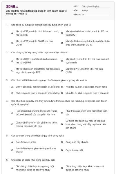 300 câu trắc nghiệm tổng hợp Quản trị kinh doanh quốc tế có đáp án - Phần 12