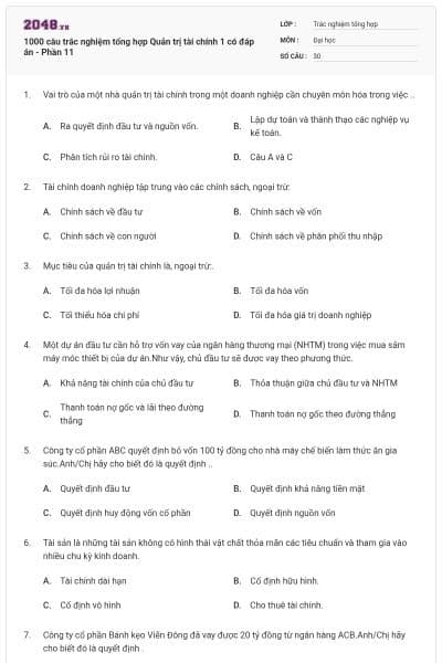 1000 câu trắc nghiệm tổng hợp Quản trị tài chính 1 có đáp án - Phần 11