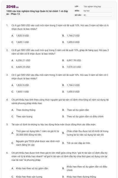 1000 câu trắc nghiệm tổng hợp Quản trị tài chính 1 có đáp án - Phần 13