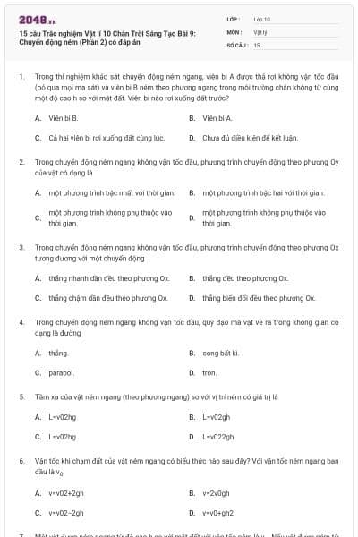 15 câu Trắc nghiệm Vật lí 10 Chân Trời Sáng Tạo Bài 9: Chuyển động ném (Phần 2) có đáp án