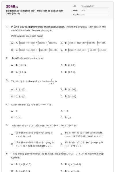 Đề minh họa tốt nghiệp THPT môn Toán có đáp án năm 2025 (Đề 14)