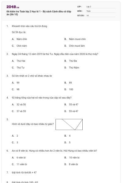 Đề kiểm tra Toán lớp 2 Học kì 1 - Bộ sách Cánh diều có đáp án (Đề 10)