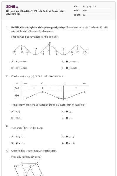 Đề minh họa tốt nghiệp THPT môn Toán có đáp án năm 2025 (Đề 15)