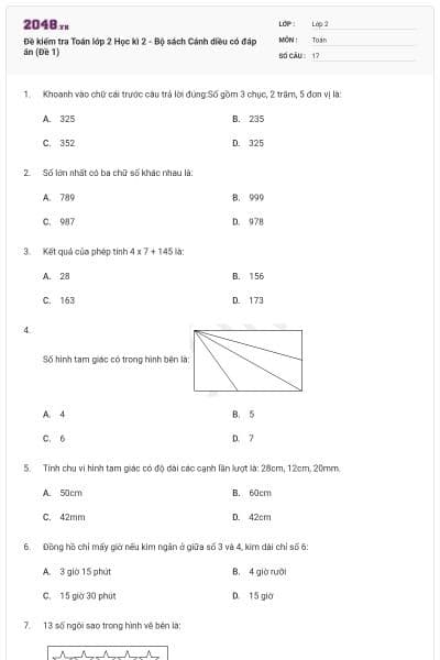 Đề kiểm tra Toán lớp 2 Học kì 2 - Bộ sách Cánh diều có đáp án (Đề 1)