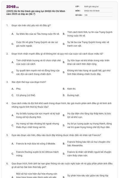 (2025) Đề thi thử Đánh giá năng lực ĐHQG Hồ Chí Minh năm 2025 có đáp án (Đề 7)