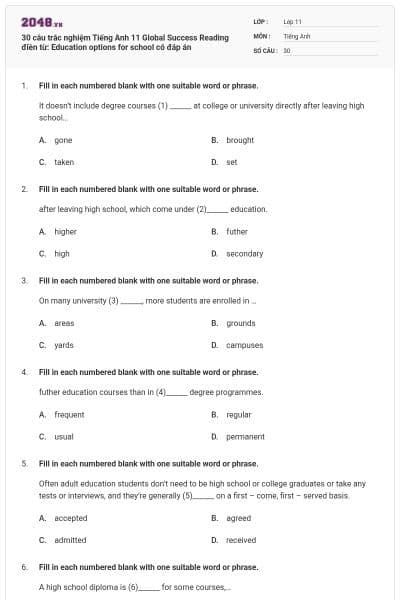 30 câu trắc nghiệm Tiếng Anh 11 Global Success Reading điền từ: Education options for school có đáp án