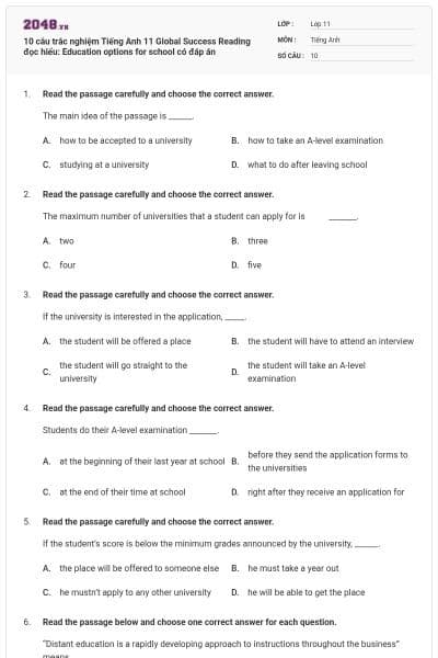 10 câu trắc nghiệm Tiếng Anh 11 Global Success Reading đọc hiểu: Education options for school có đáp án