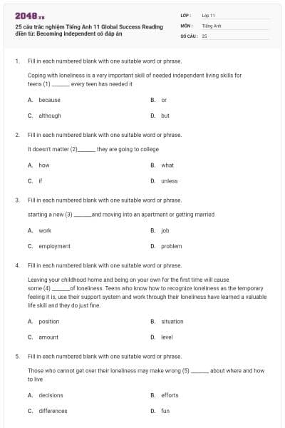25 câu trắc nghiệm Tiếng Anh 11 Global Success Reading điền từ: Becoming independent có đáp án