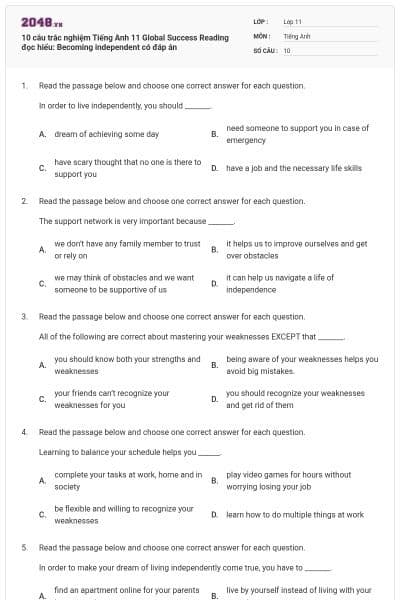 10 câu trắc nghiệm Tiếng Anh 11 Global Success Reading đọc hiểu: Becoming independent có đáp án