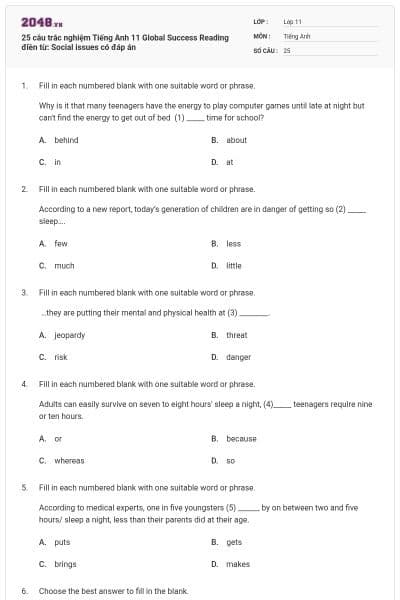 25 câu trắc nghiệm Tiếng Anh 11 Global Success Reading điền từ: Social issues có đáp án