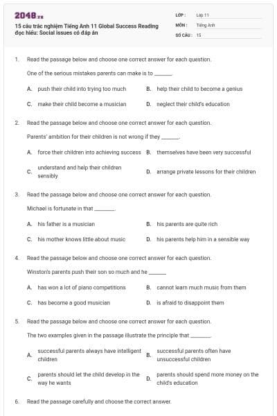 15 câu trắc nghiệm Tiếng Anh 11 Global Success Reading đọc hiểu: Social issues có đáp án