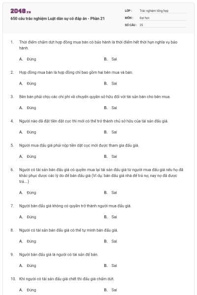 650 câu trắc nghiệm Luật dân sự có đáp án - Phần 21