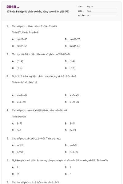 175 câu Bài tập Số phức cơ bản, nâng cao có lời giải (P5)