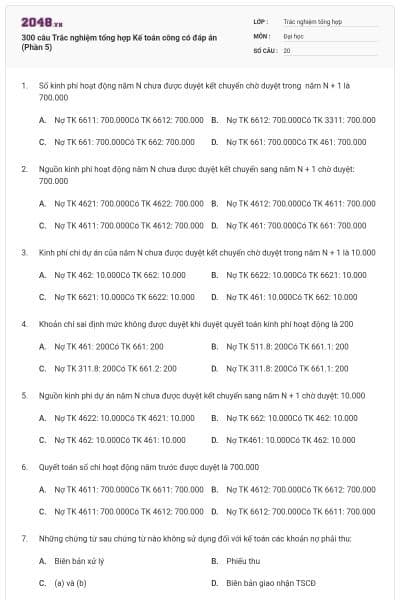 300 câu Trắc nghiệm tổng hợp Kế toán công có đáp án (Phần 5)