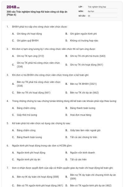 300 câu Trắc nghiệm tổng hợp Kế toán công có đáp án (Phần 6)