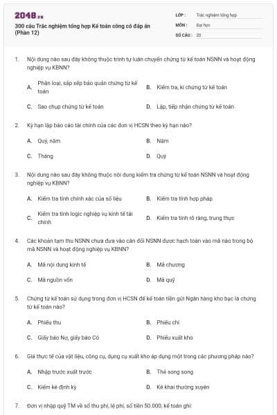 300 câu Trắc nghiệm tổng hợp Kế toán công có đáp án (Phần 12)