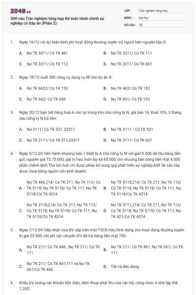 300 câu Trắc nghiệm tổng hợp Kế toán hành chính sự nghiệp có đáp án (Phần 2)