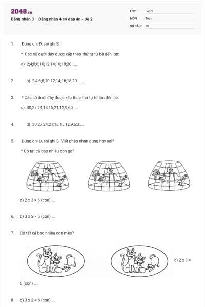 Bảng nhân 3 – Bảng nhân 4 có đáp án - Đề 2