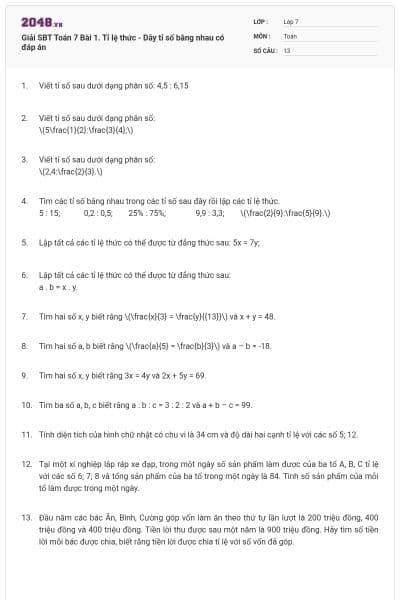 Giải SBT Toán 7 Bài 1. Tỉ lệ thức - Dãy tỉ số bằng nhau có đáp án