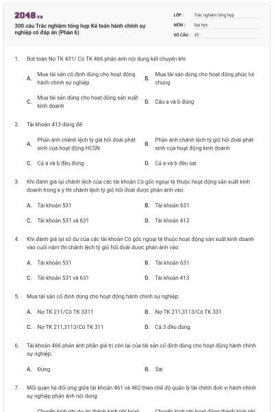 300 câu Trắc nghiệm tổng hợp Kế toán hành chính sự nghiệp có đáp án (Phần 6)