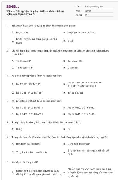 300 câu Trắc nghiệm tổng hợp Kế toán hành chính sự nghiệp có đáp án (Phần 7)