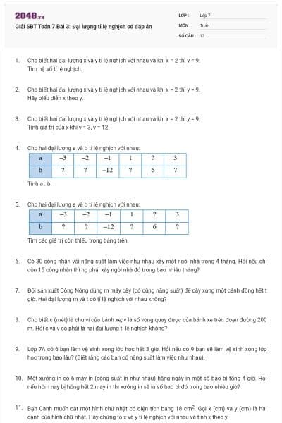 Giải SBT Toán 7 Bài 3: Đại lượng tỉ lệ nghịch có đáp án