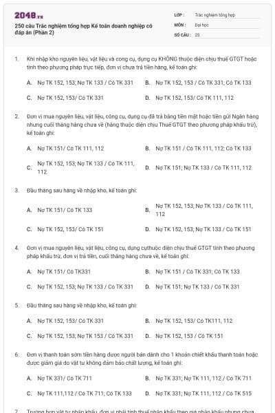 250 câu Trắc nghiệm tổng hợp Kế toán doanh nghiệp có đáp án (Phần 2)