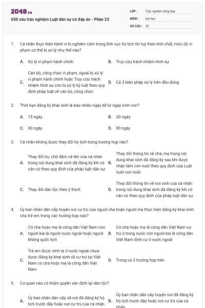 650 câu trắc nghiệm Luật dân sự có đáp án - Phần 23