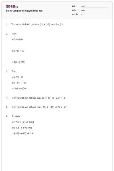 Bài 5: Cộng hai số nguyên khác dấu