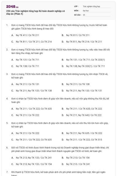 250 câu Trắc nghiệm tổng hợp Kế toán doanh nghiệp có đáp án (Phần 4)