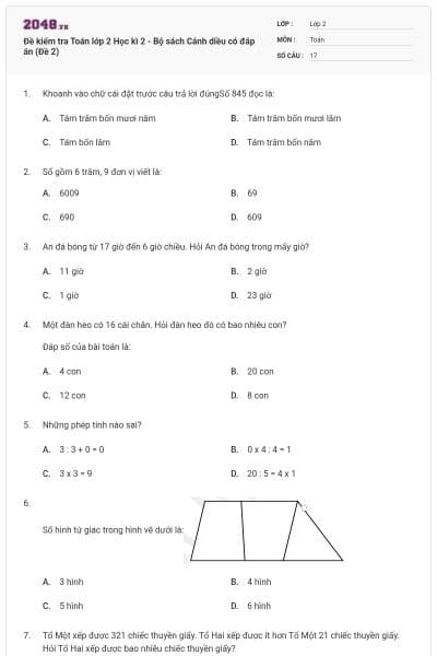 Đề kiểm tra Toán lớp 2 Học kì 2 - Bộ sách Cánh diều có đáp án (Đề 2)