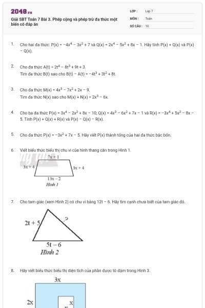 Giải SBT Toán 7 Bài 3. Phép cộng và phép trừ đa thức một biến có đáp án