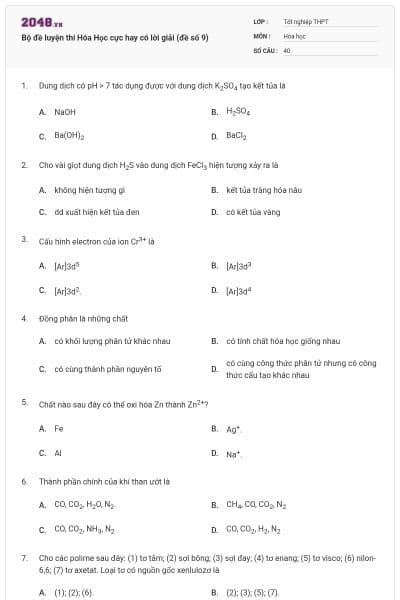 Bộ đề luyện thi Hóa Học cực hay có lời giải (đề số 9)