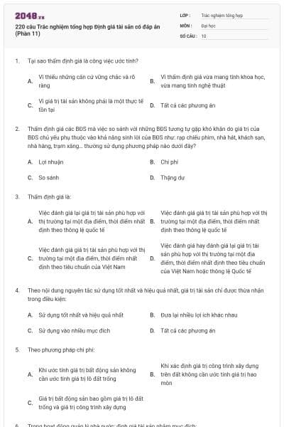 220 câu Trắc nghiệm tổng hợp Định giá tài sản có đáp án (Phần 11)