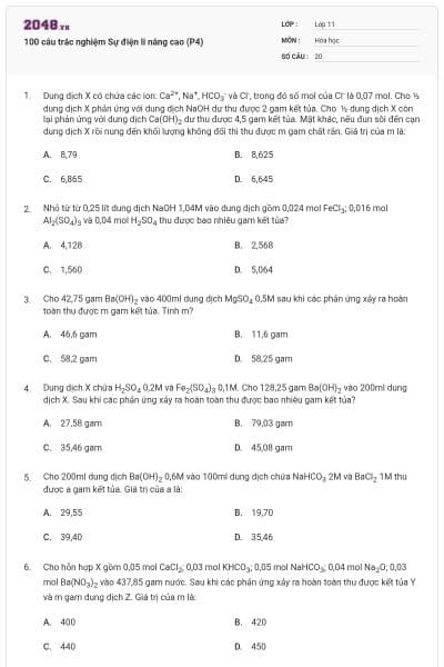 100 câu trắc nghiệm Sự điện li nâng cao (P4)