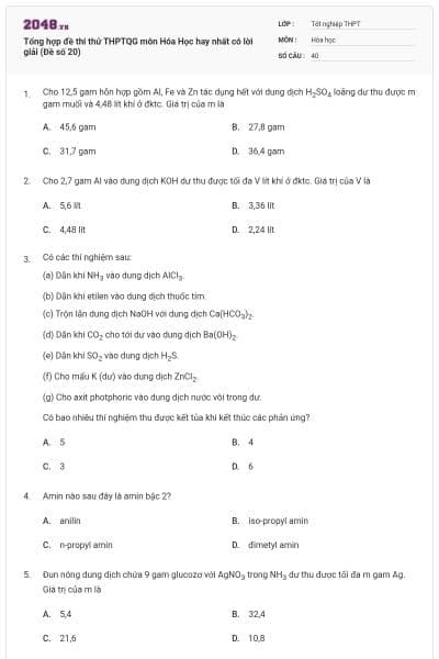 Tổng hợp đề thi thử THPTQG môn Hóa Học hay nhất có lời giải (Đề số 20)