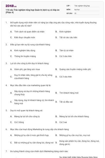 110 câu Trắc nghiệm tổng hợp Quản trị dịch vụ có đáp án (Phần 4)