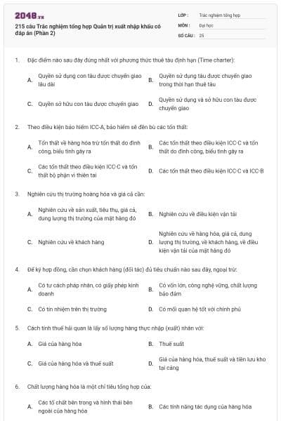 215 câu Trắc nghiệm tổng hợp Quản trị xuất nhập khẩu có đáp án (Phần 2)