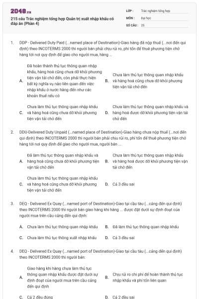 215 câu Trắc nghiệm tổng hợp Quản trị xuất nhập khẩu có đáp án (Phần 4)