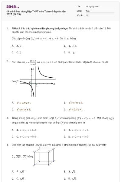 Đề minh họa tốt nghiệp THPT môn Toán có đáp án năm 2025 (Đề 19)