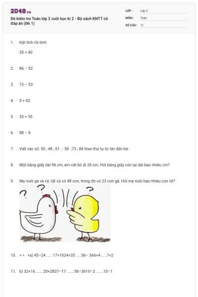 Đề kiểm tra Toán lớp 2 cuối học kì 2 - Bộ sách KNTT có đáp án (Đề 1)