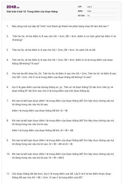 Giải toán 6 bài 10: Trung điểm của đoạn thẳng