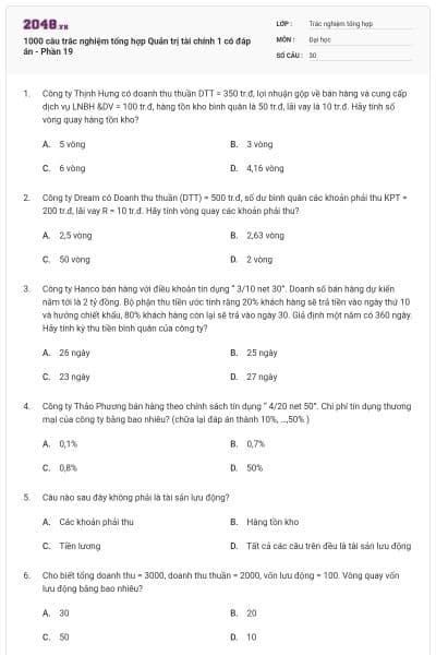 1000 câu trắc nghiệm tổng hợp Quản trị tài chính 1 có đáp án - Phần 19