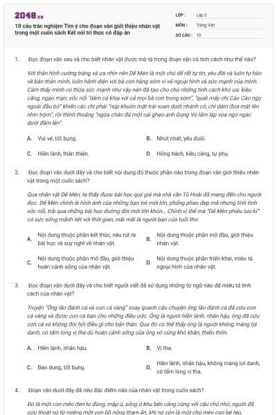 10 câu trắc nghiệm Tìm ý cho đoạn văn giới thiệu nhân vật trong một cuốn sách Kết nối tri thức có đáp án