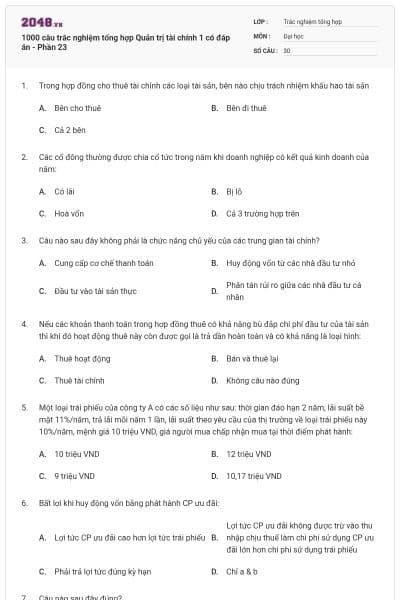 1000 câu trắc nghiệm tổng hợp Quản trị tài chính 1 có đáp án - Phần 23