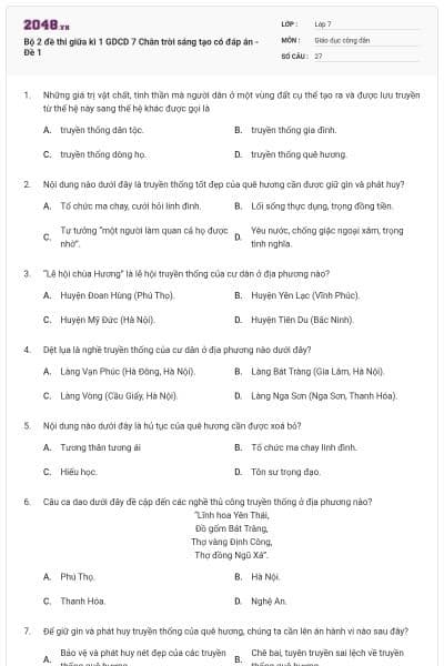 Bộ 2 đề thi giữa kì 1 GDCD 7 Chân trời sáng tạo có đáp án - Đề 1